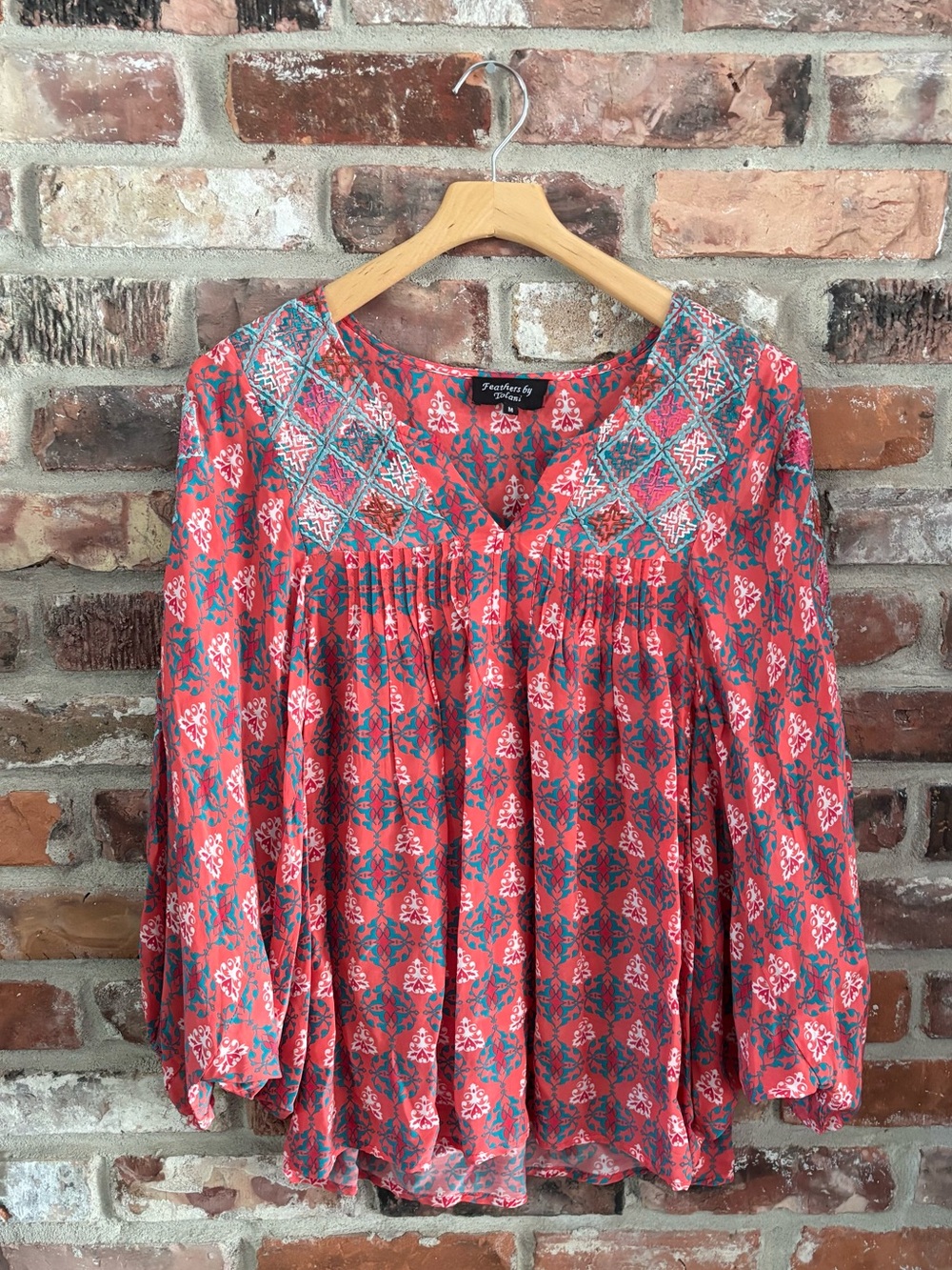 Feathers by Tolani Pink Embroidered Printed Dolman Sleeve Boho Blouse Top, M
